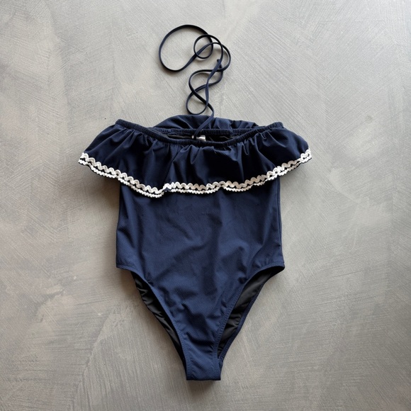J.Crew Navy Blue Ruffle Bandeau  Textured One Piece Swim Suit - Picture 3 of 7